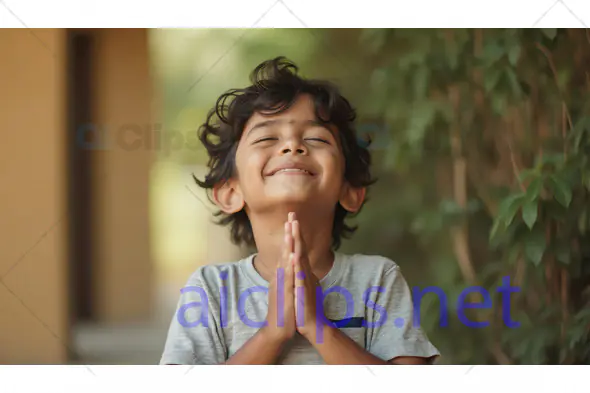 Joyful Child in Namaste Gesture Outdoors
