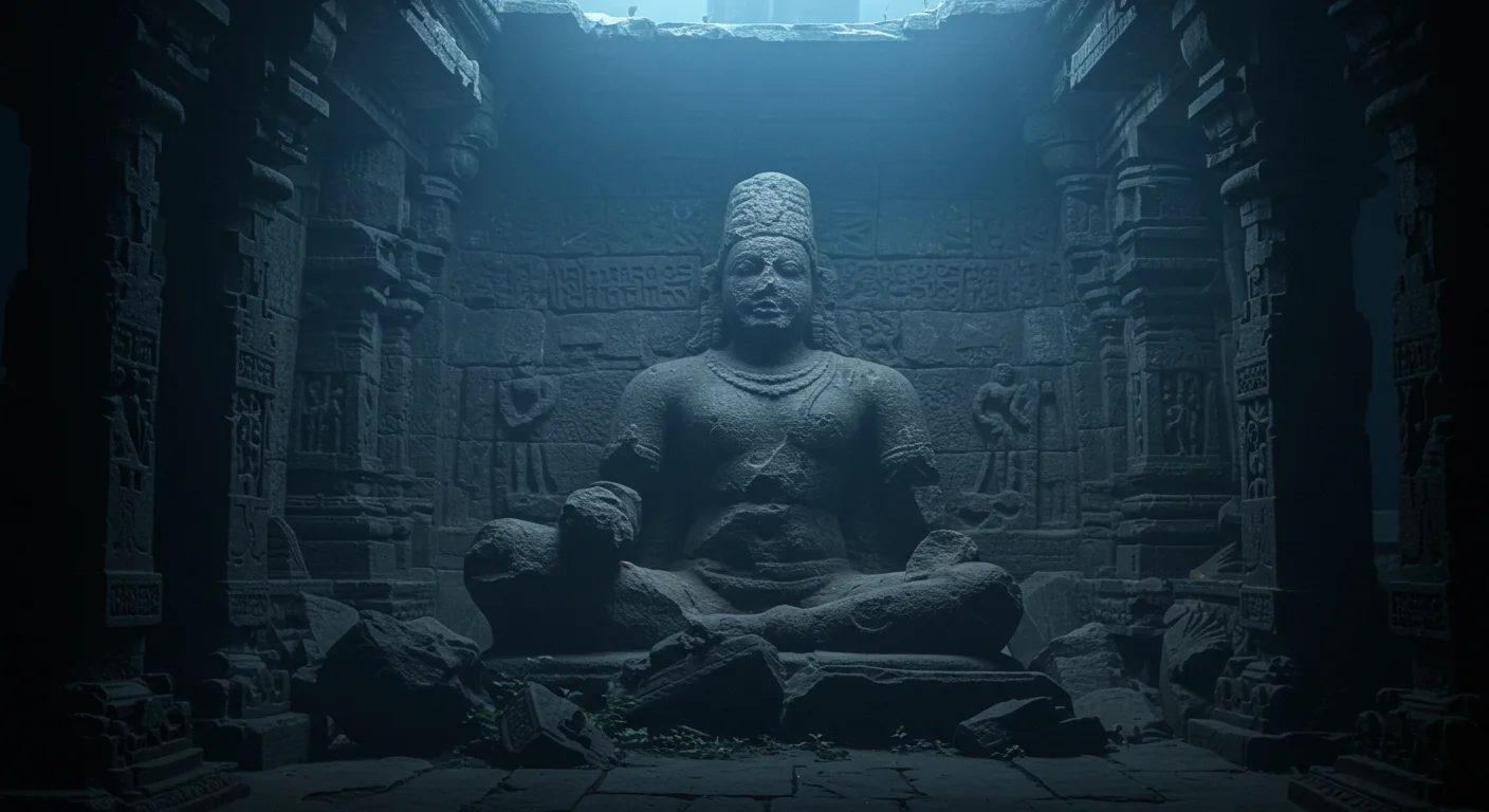 Ancient Broken Idol in Misty Temple – Moody Indian Ruins