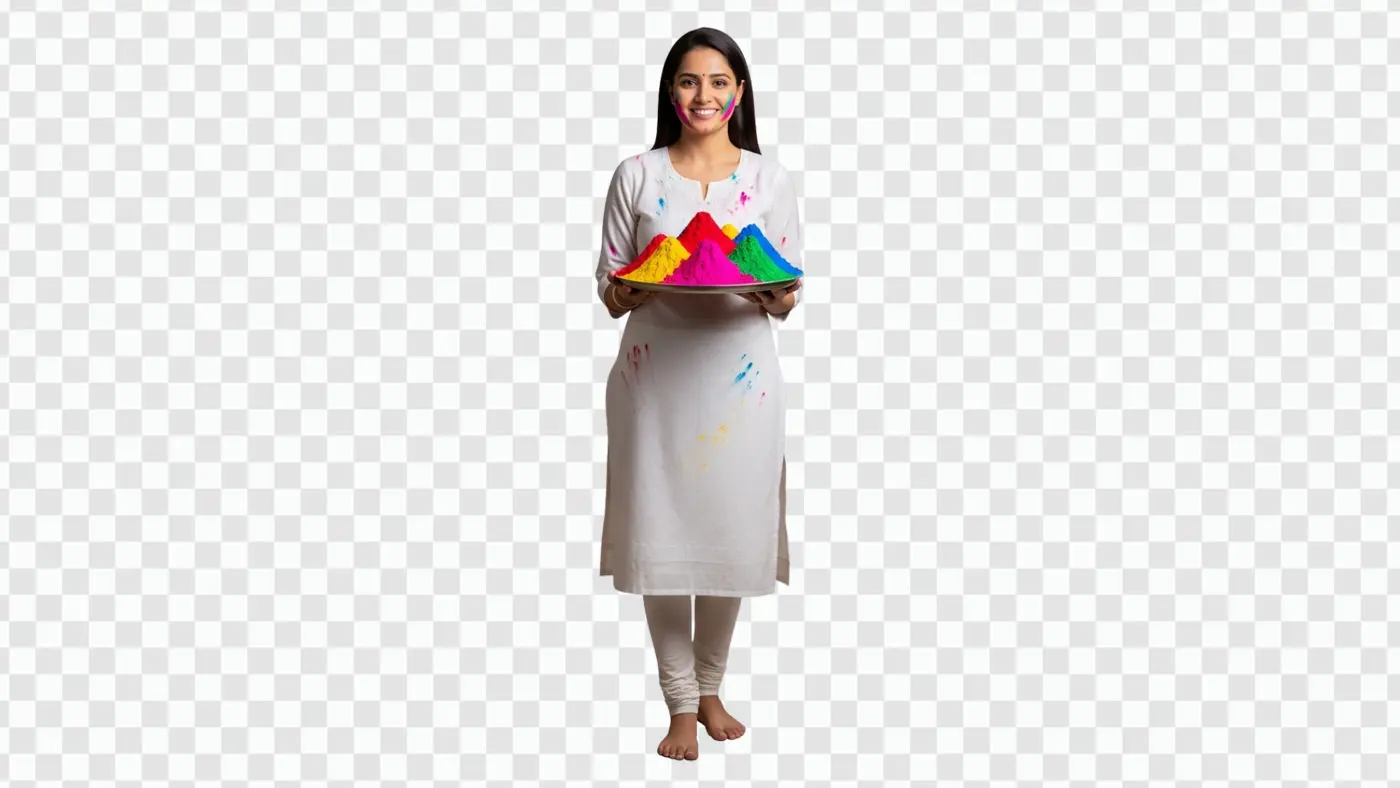 Joyful Indian Woman with Holi Festival Colors PNG