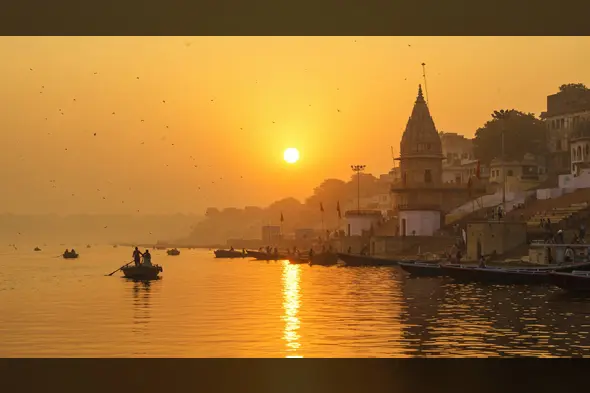 Varanasi Ghats and Rowboats at Sunrise on the Ganges River