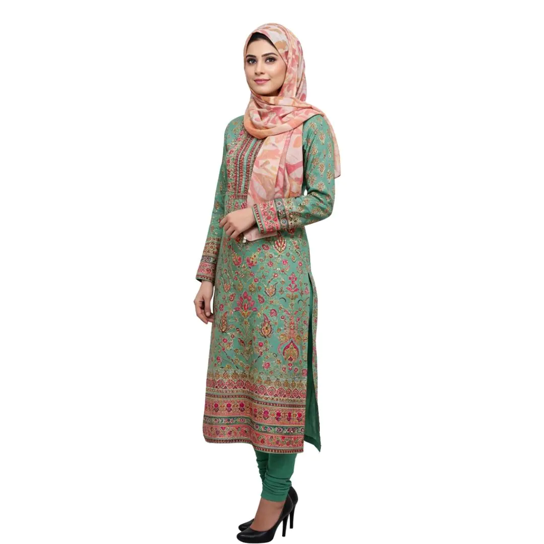 Elegant Woman in Traditional Floral Salwar Kameez PNG