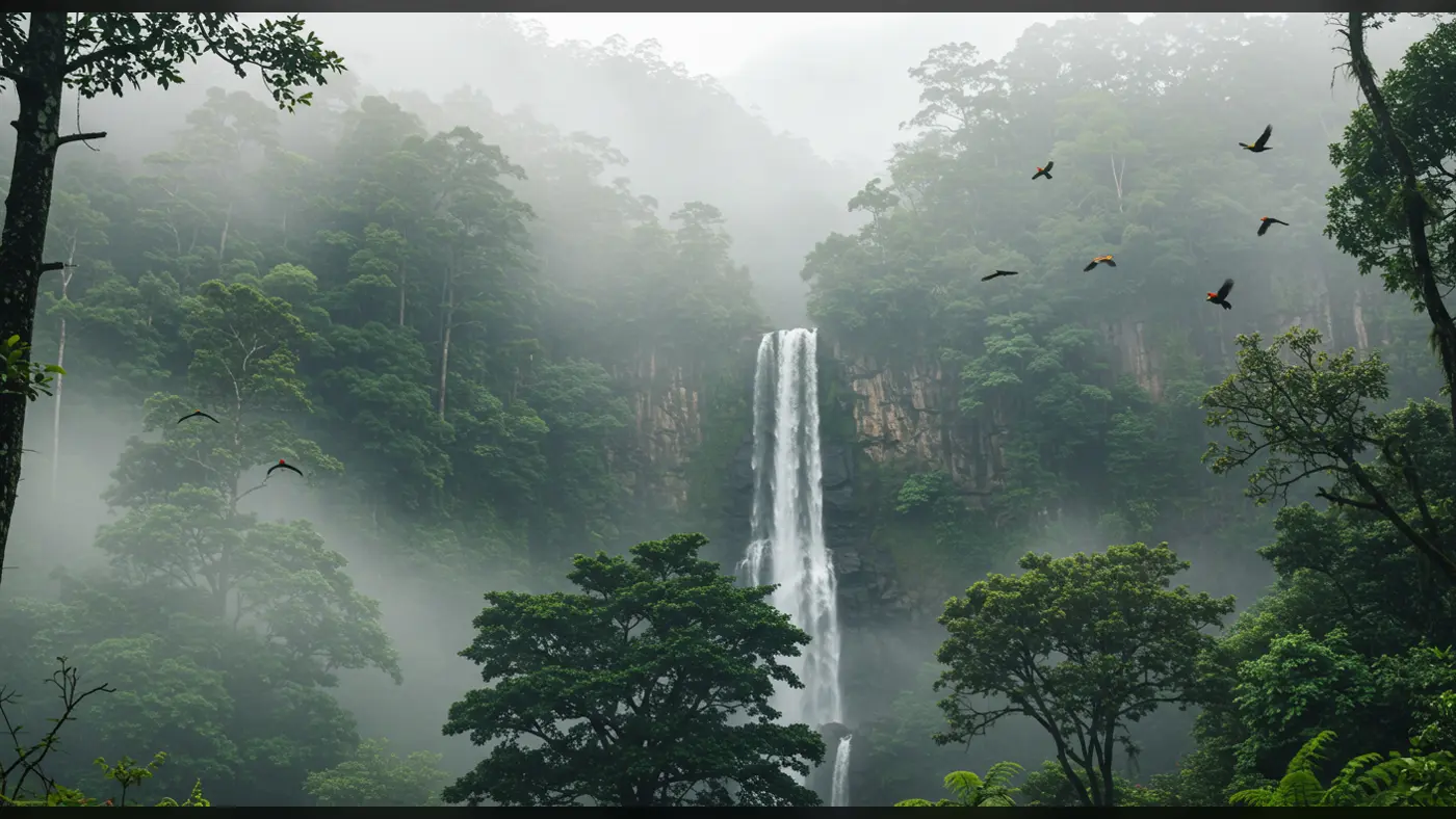 Tall Waterfall in Misty Rainforest with Birds in Flight