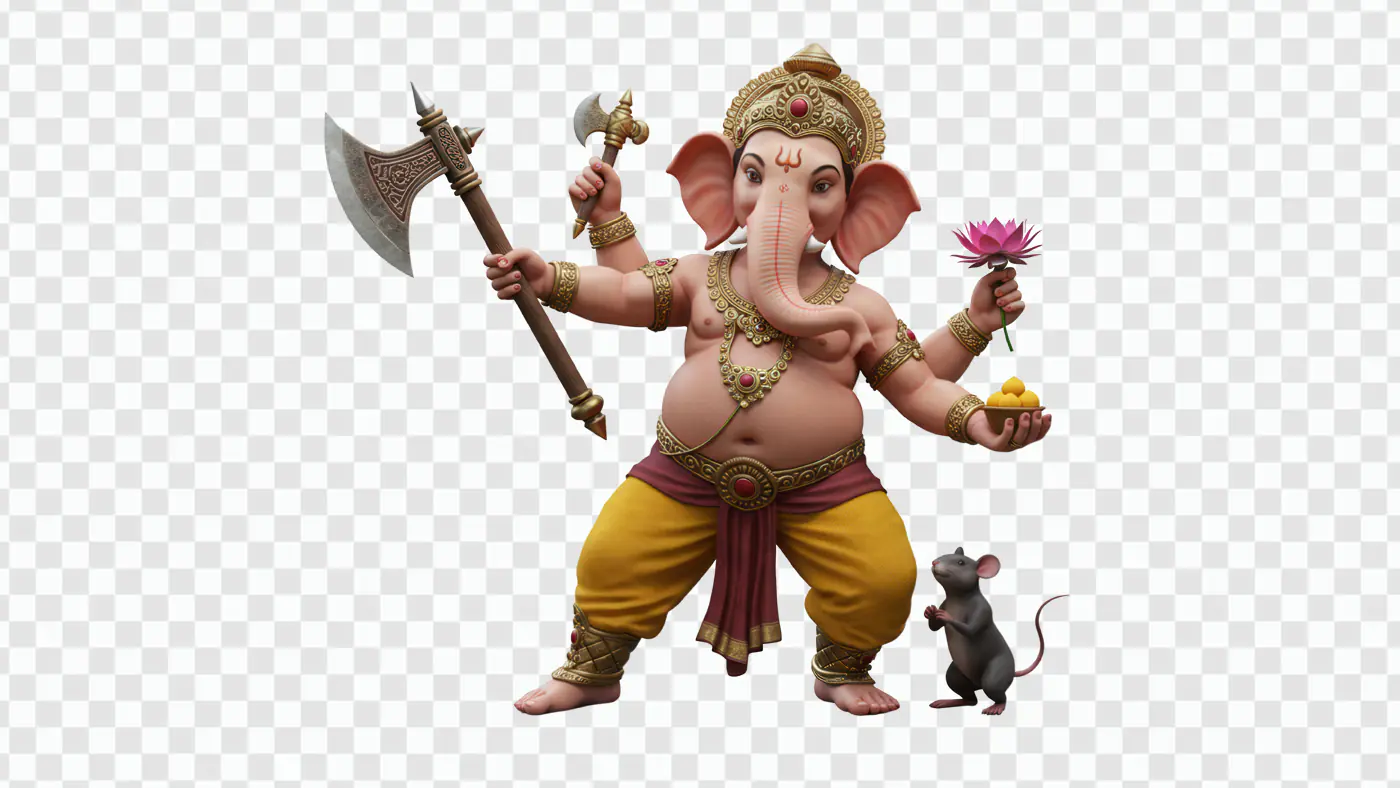 Ganesha Wielding Axe with Mouse Companion PNG