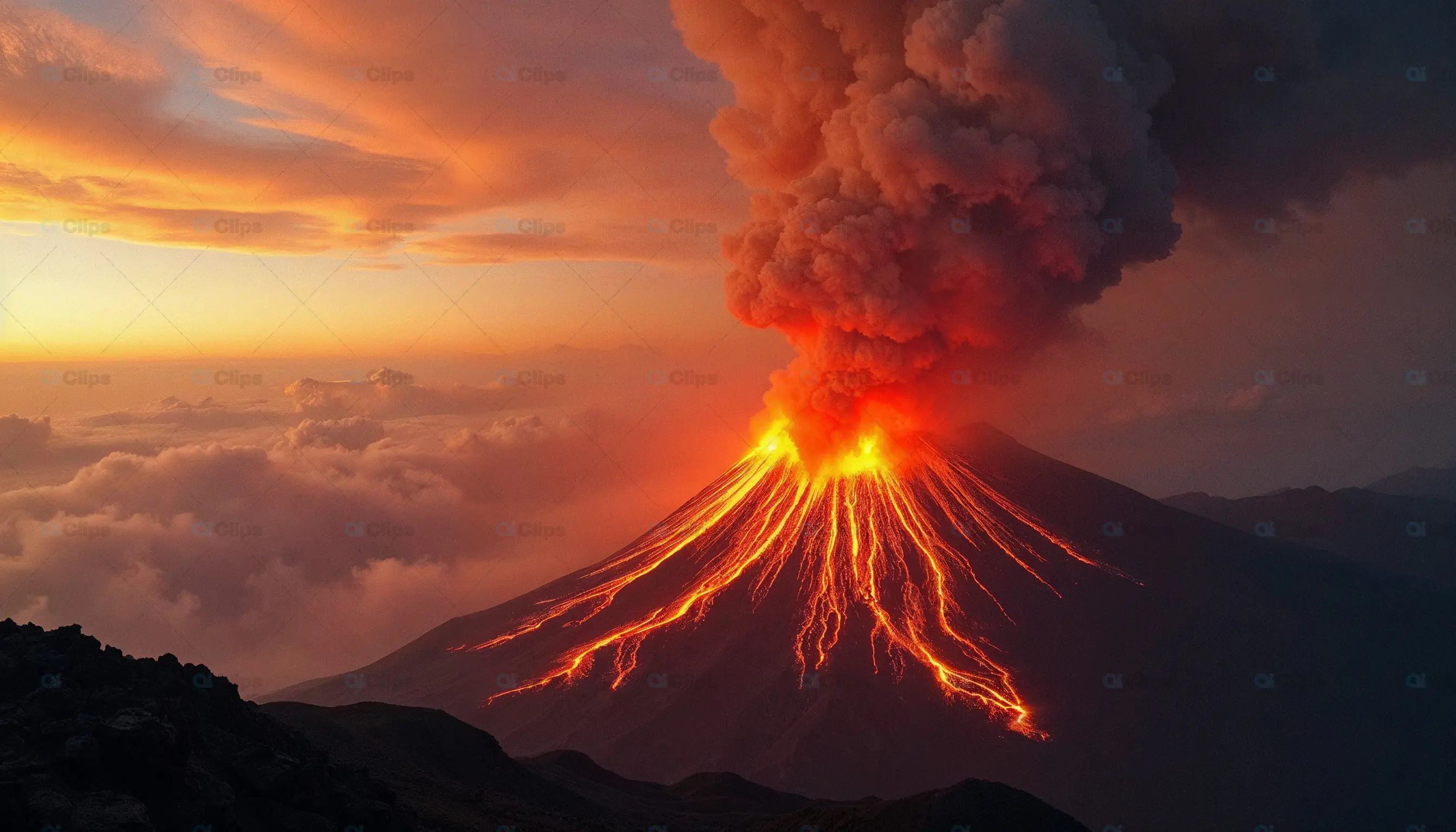 Erupting Volcano at Sunset