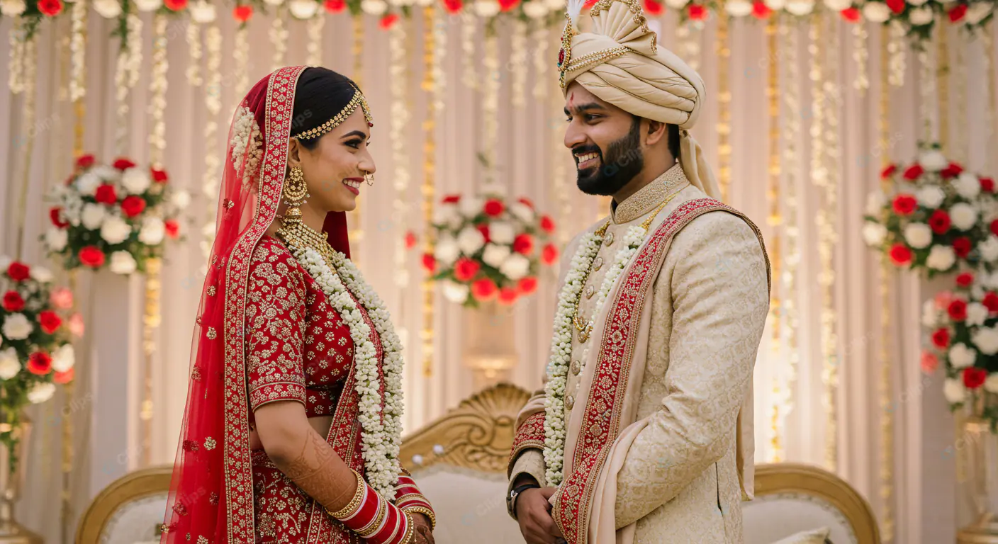 Radiant Couple in Traditional Indian Wedding Attire