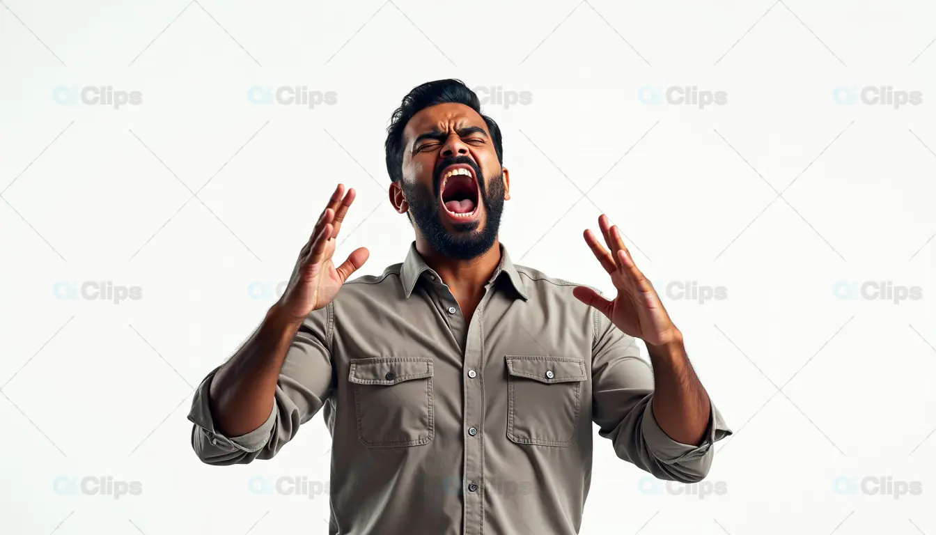 Frustrated Man Shouting with Hands Raised