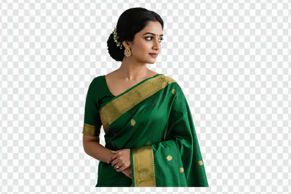 Elegant Woman in Emerald Green Silk Saree PNG