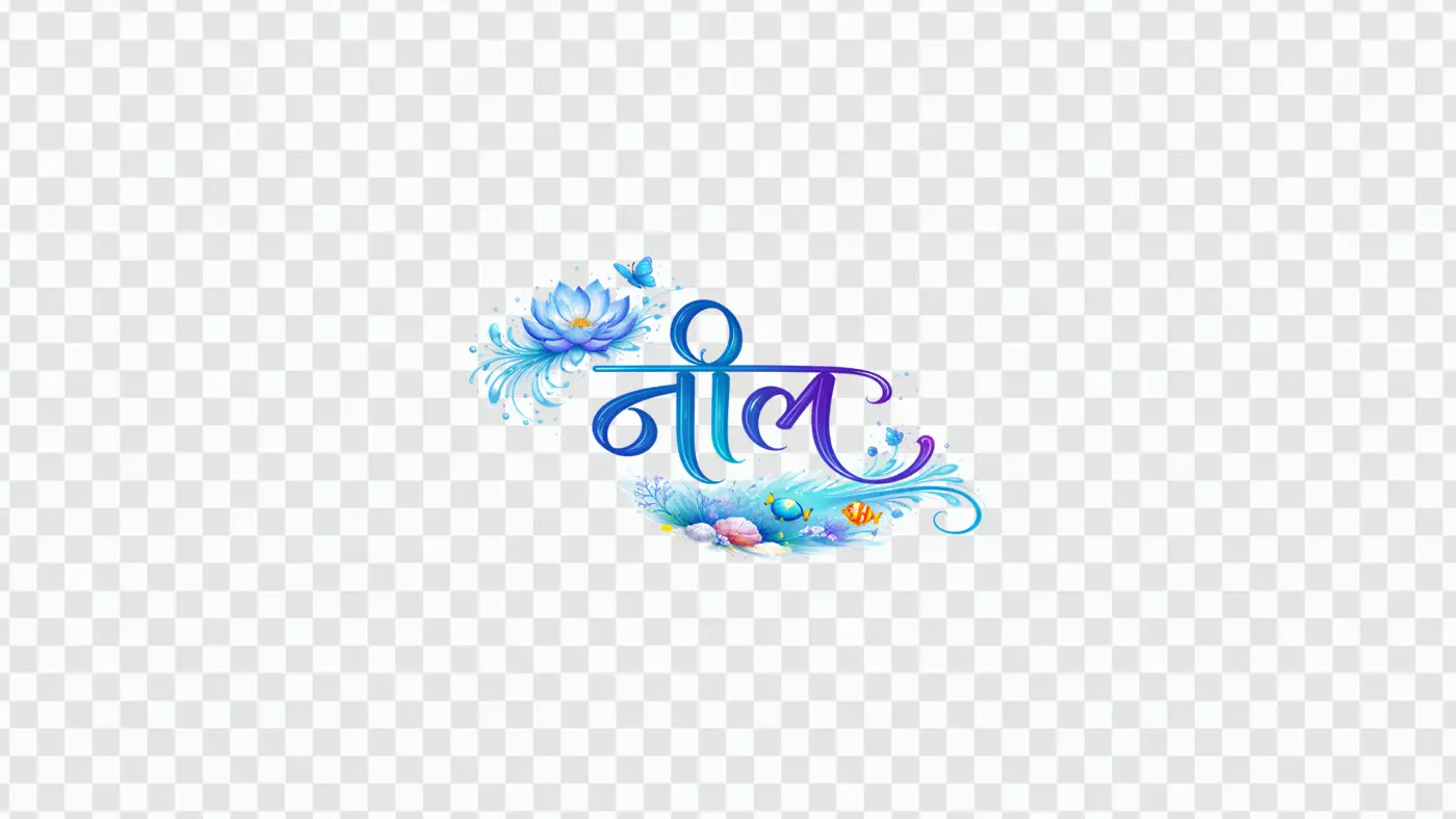 Neel Hindi Calligraphy with Aquatic Elements Clipart PNG