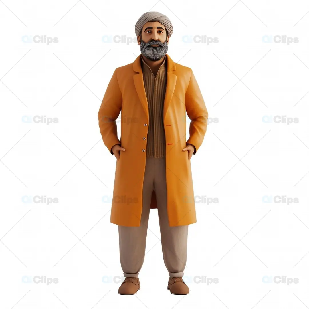 3D Traditional Indian Elderly Man Avatar with Orange Coat