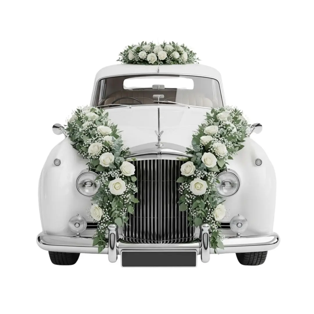White Vintage Wedding Car with Roses Decoration PNG