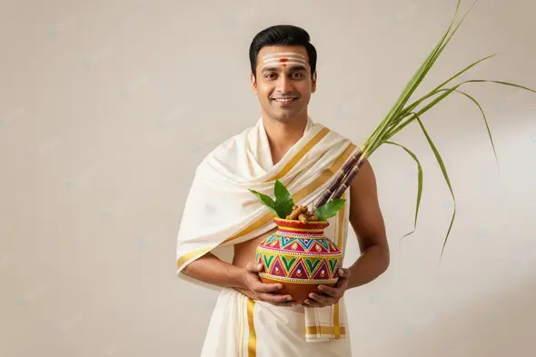 South Indian Man with Traditional Pongal Harvest Offering