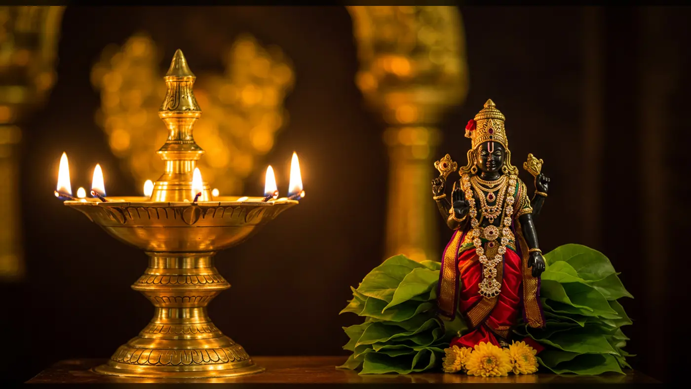 Lakshmi Devi Idol with Deepam and Betel Leaves | AIClips Indian Temple Decor