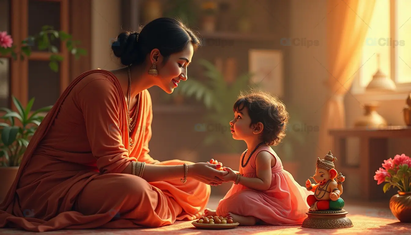 Mother and Child Celebrating Ganesh Chaturthi at Home