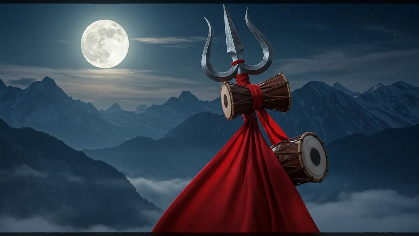 Trishul with Damru and Dhol in Full Moon Himalayan Scene | AIClips Devotional Art
