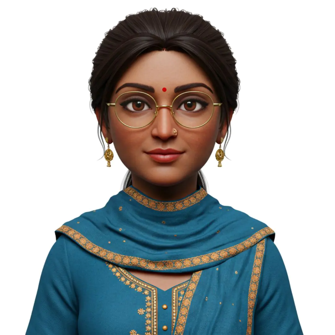 3D avatar Indian woman traditional teal outfit glasses