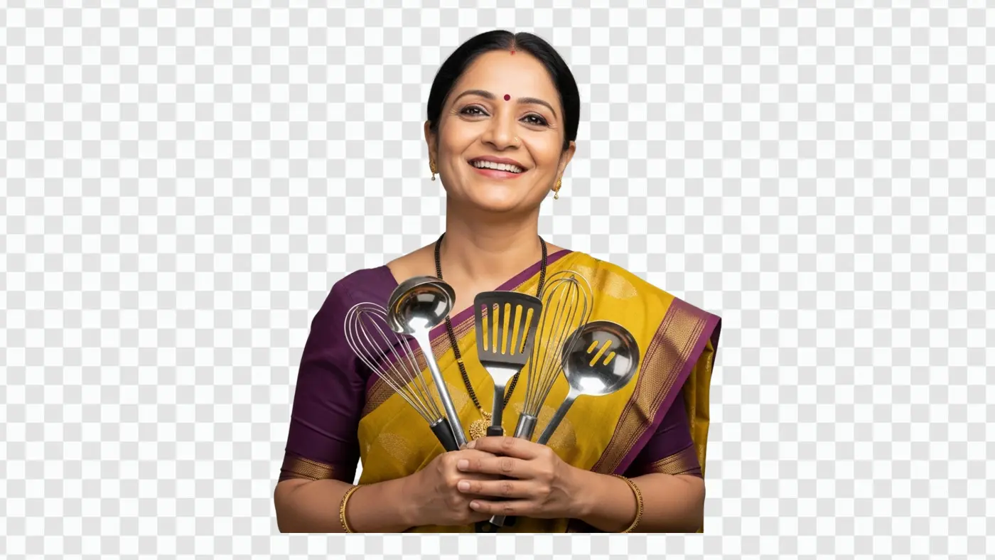 Smiling Indian Woman Holding Kitchen Utensils Clipart PNG