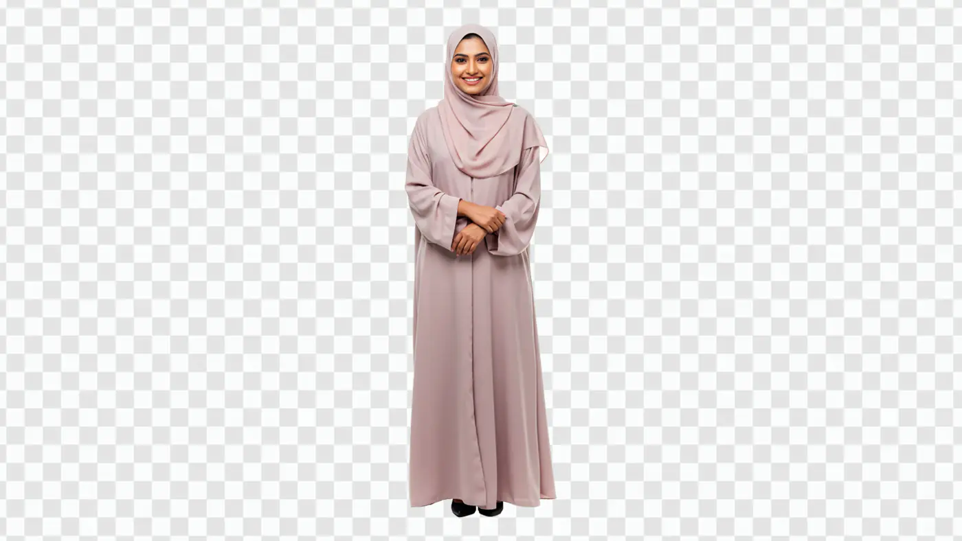 Smiling Woman in Modest Pink Abaya PNG