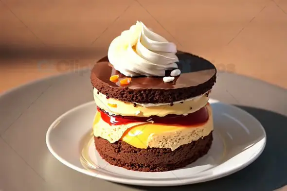 Gourmet Layered Chocolate Dessert with Cream and Caramel Topping