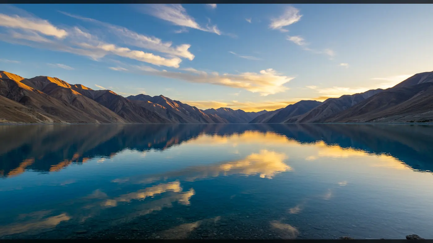 Still Reflections of Mountains and Clouds on a Pristine Blue Lake