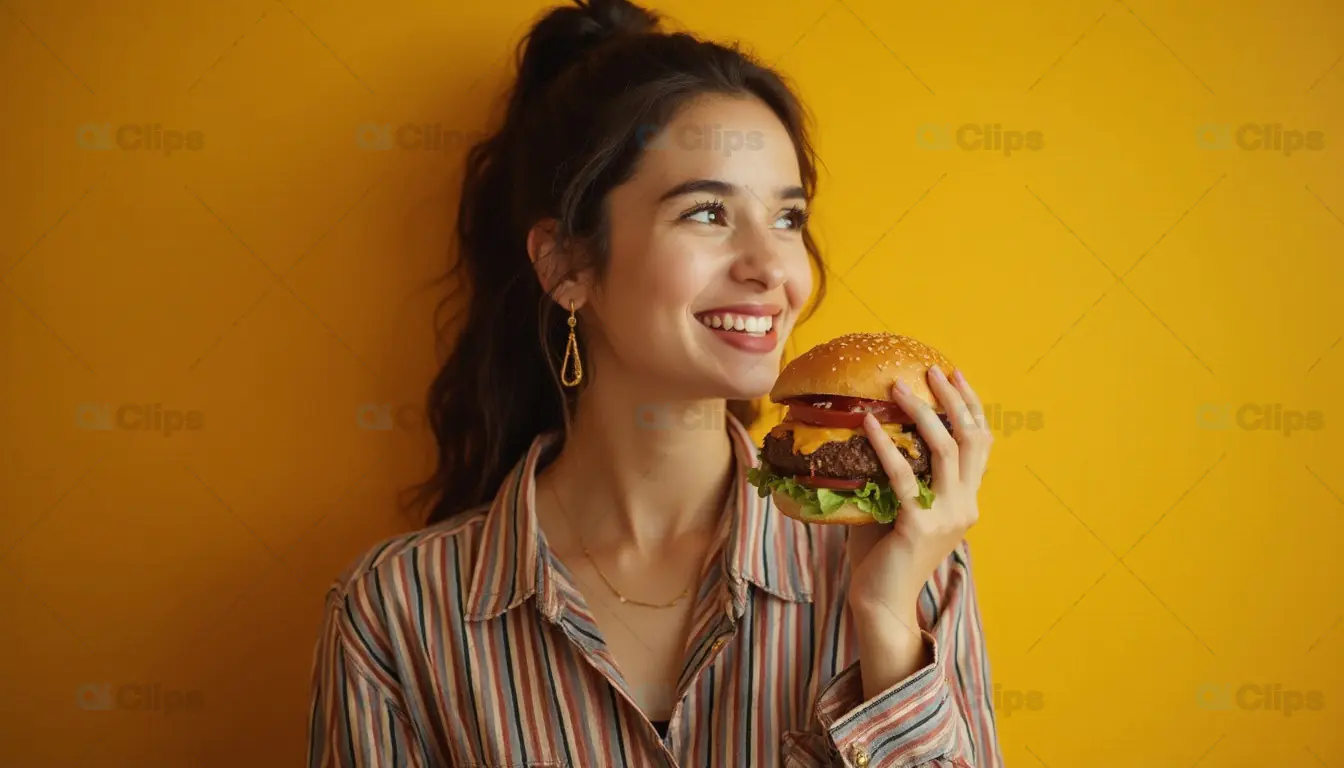 Woman Smiling with a Burger