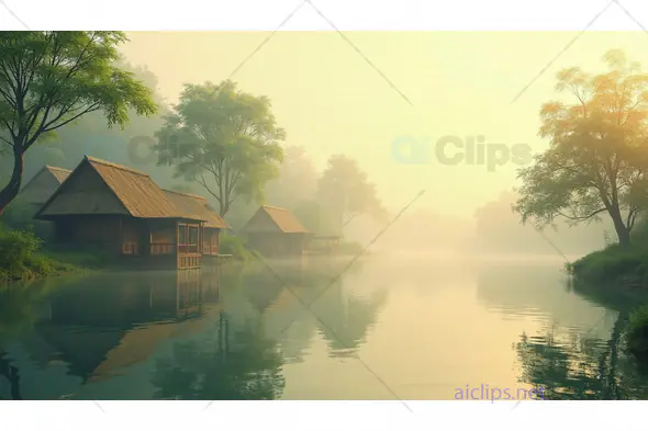 Misty Riverside Village at Sunrise