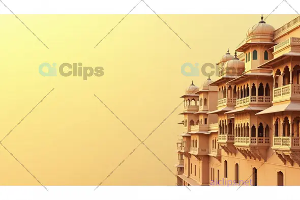 Traditional Indian Palace Architecture Against a Golden Sky