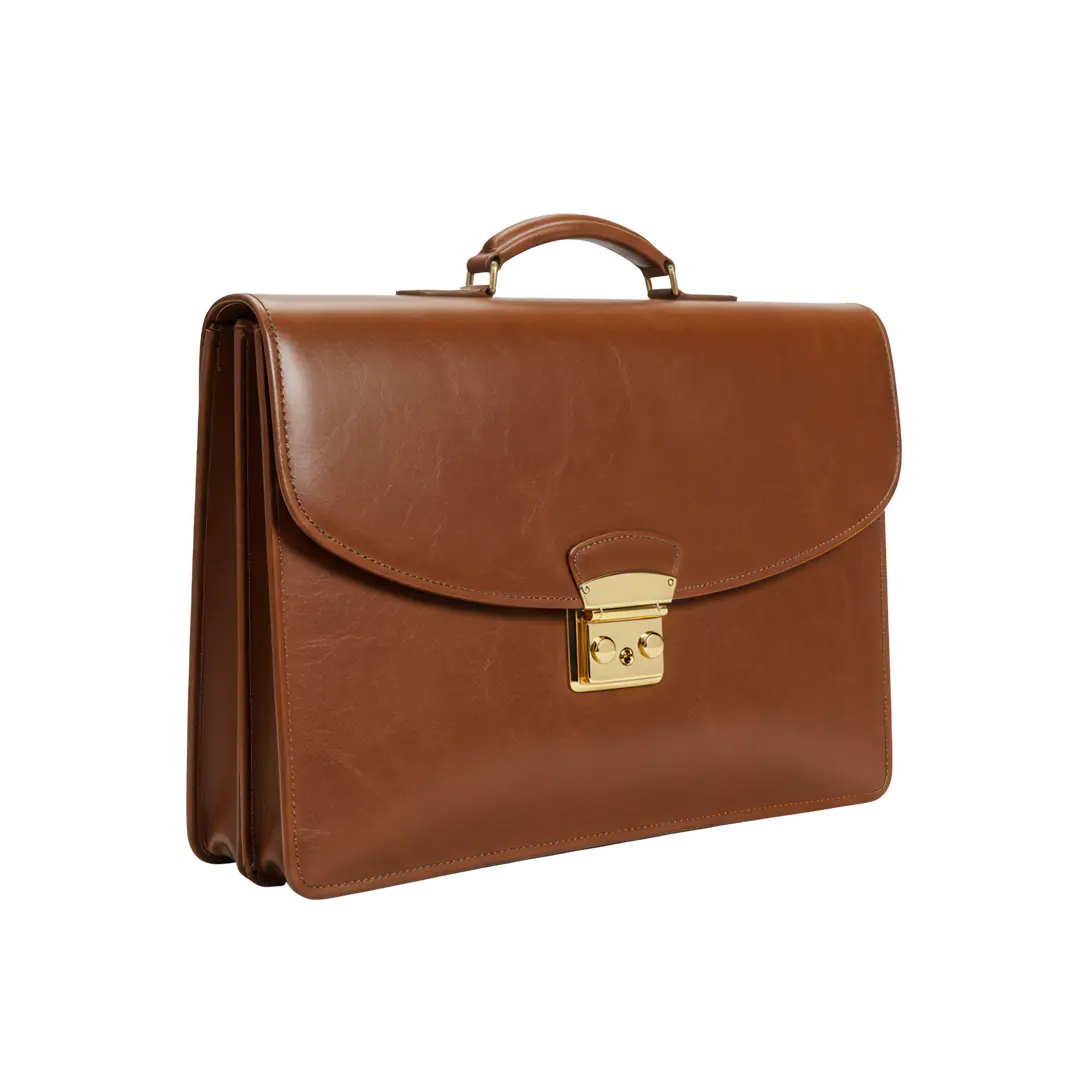 Classic Brown Leather Briefcase with Gold Clasp PNG