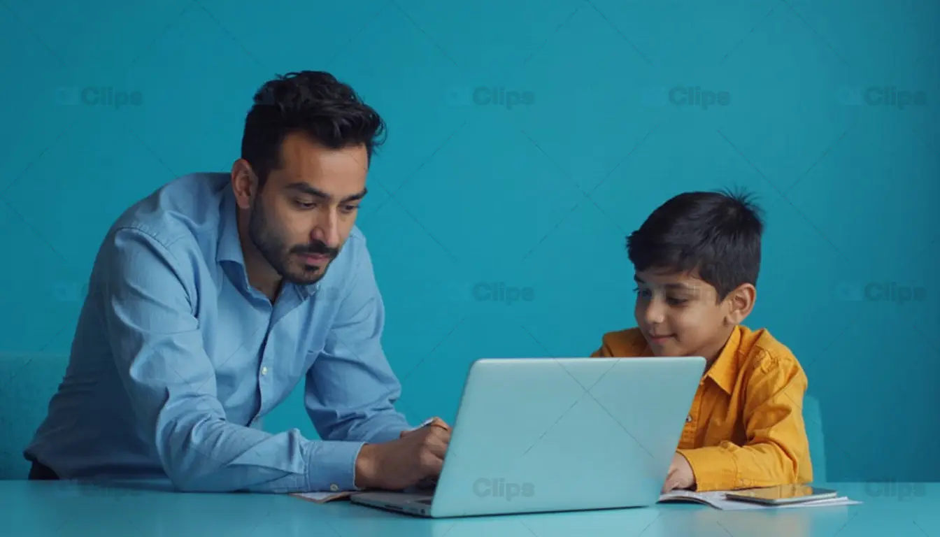 Father Helping Son with Laptop