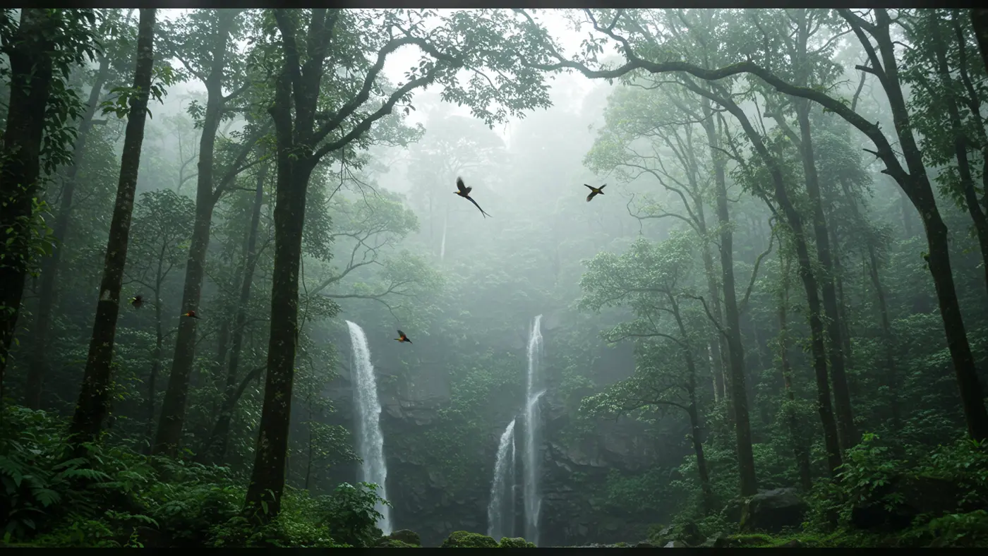 Misty Rainforest with Twin Waterfalls and Birds in Flight