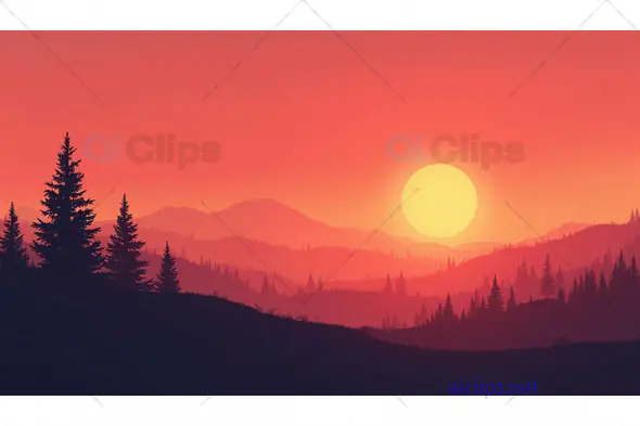 Sunset in Forested Mountains Illustration