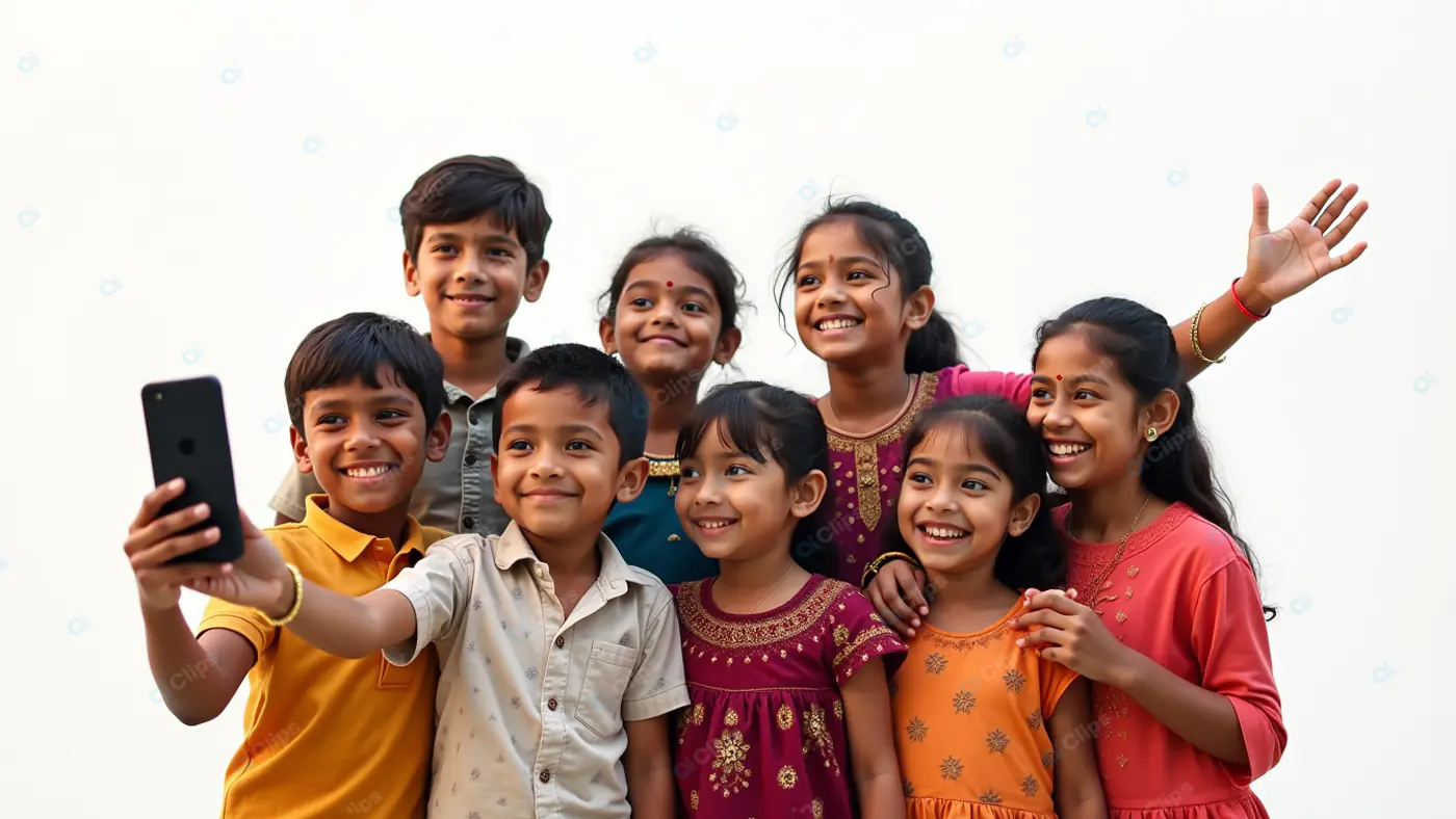 Cheerful Indian Children Taking Selfie