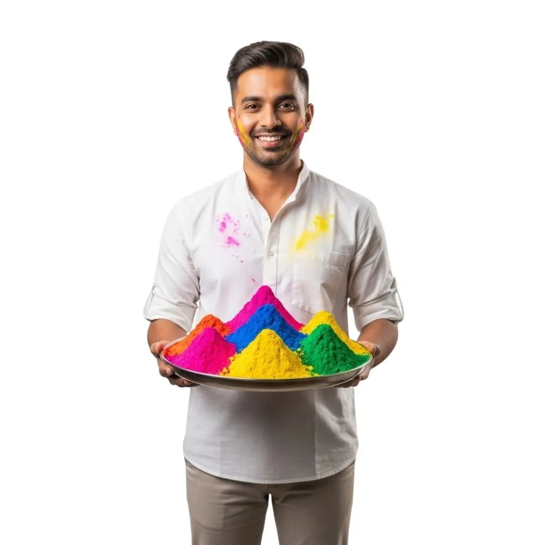 Joyful Indian Man with Colorful Holi Gulal Tray PNG