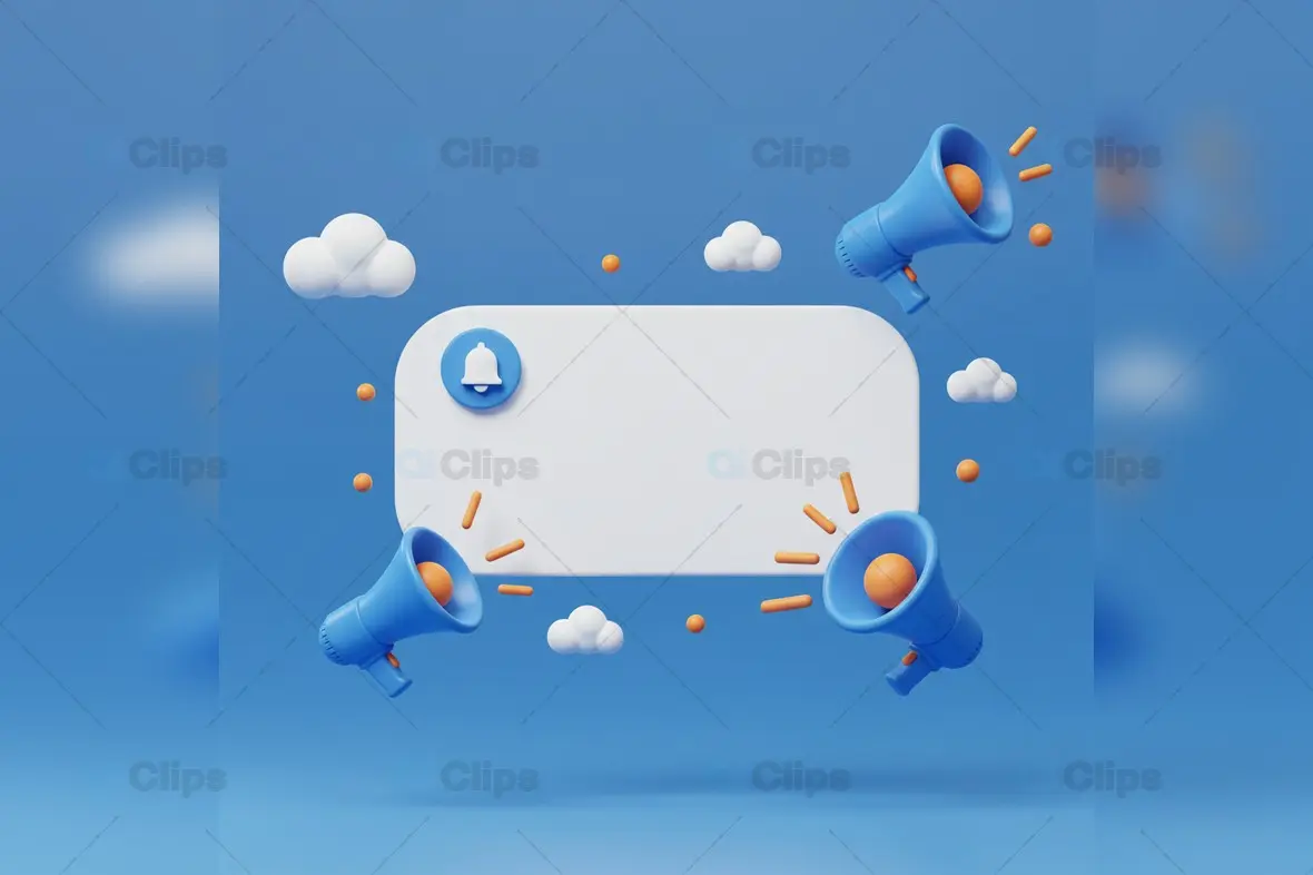 3D Announcement Banner with Megaphones and Clouds
