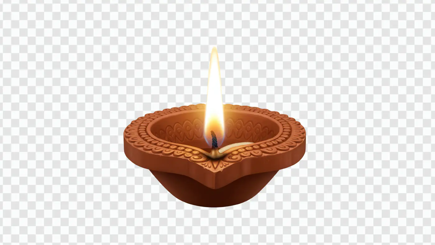 Ornate Clay Diya with Burning Flame PNG