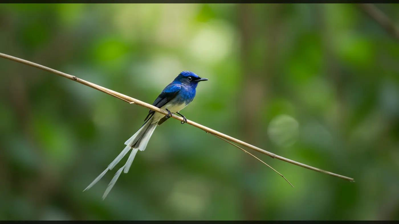 Indian Paradise Flycatcher Resting on Bamboo Twig in the Forest