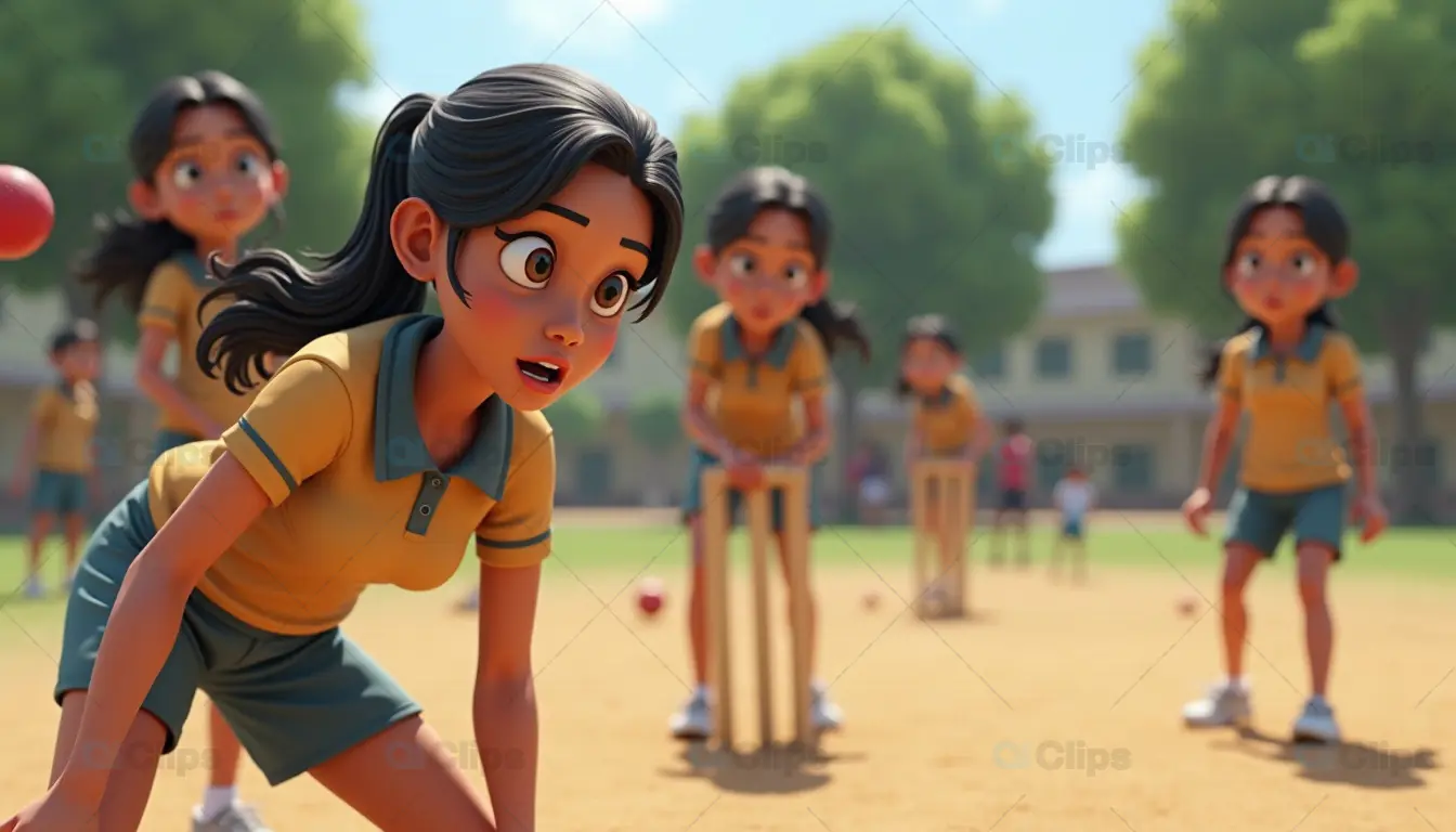 3D Cartoon Girls Playing Cricket on a School Ground