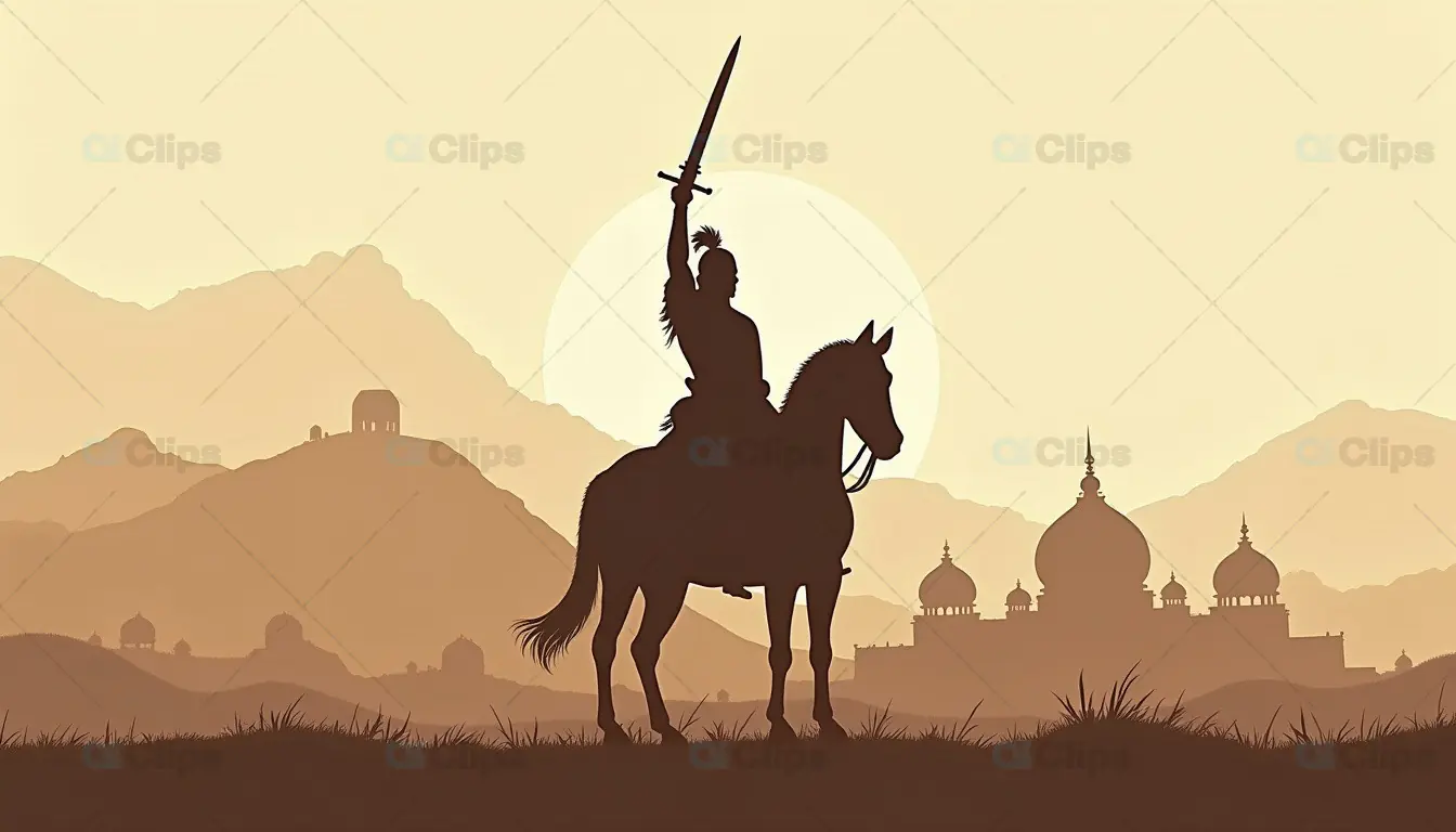 Warrior on Horseback Silhouette with Sword in Indian Landscape