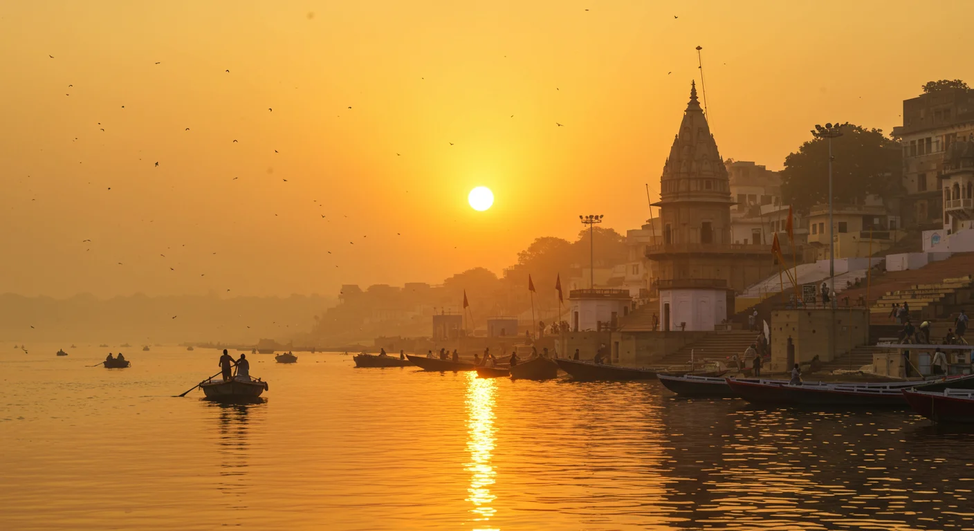 Varanasi Ghats and Rowboats at Sunrise on the Ganges River