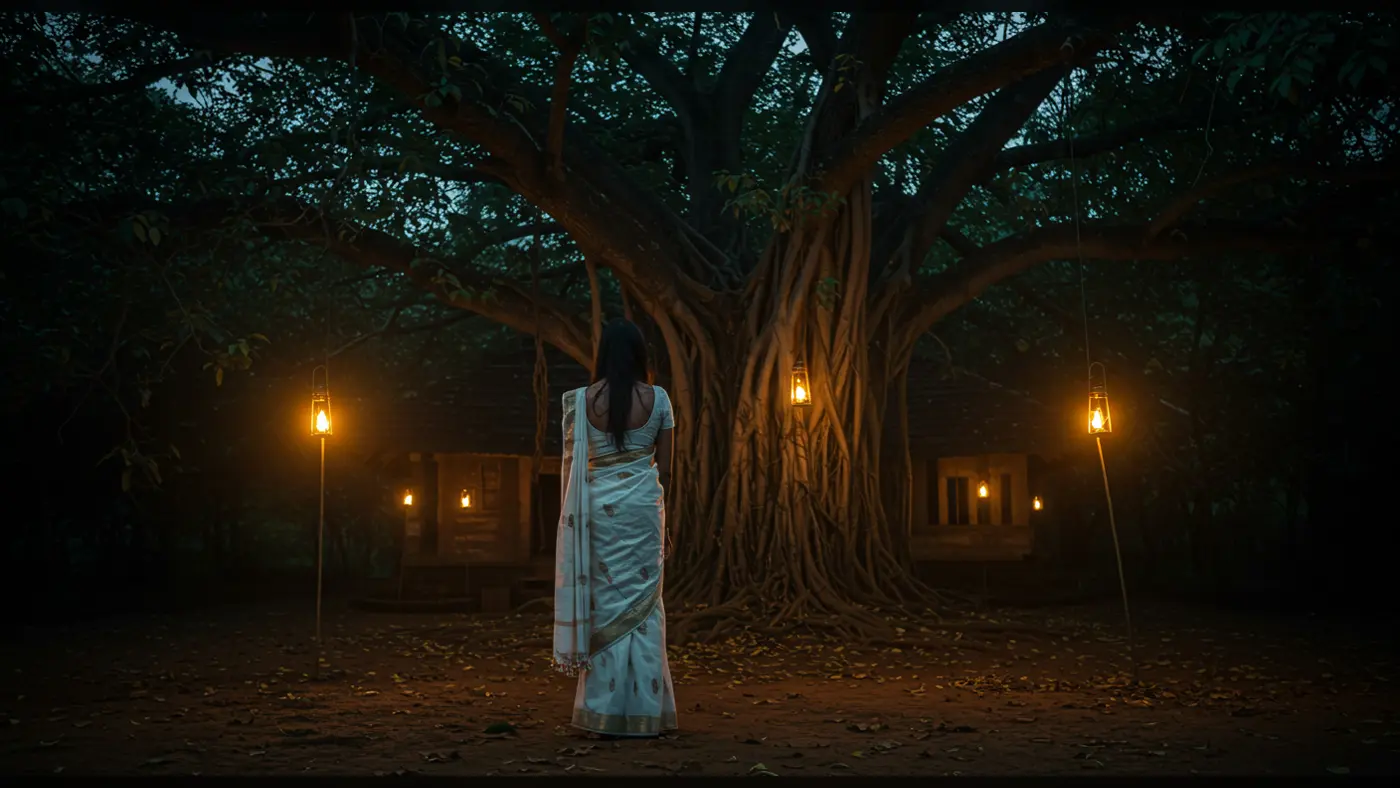 Indian Woman in White Saree Near Banyan Tree – Mystical Evening Village Scene