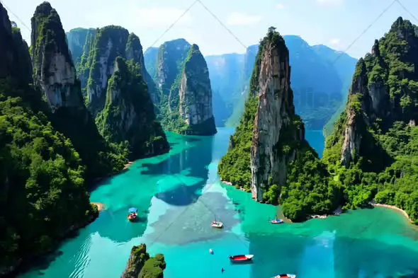 Aerial View of Majestic Limestone Islands in Turquoise Bay