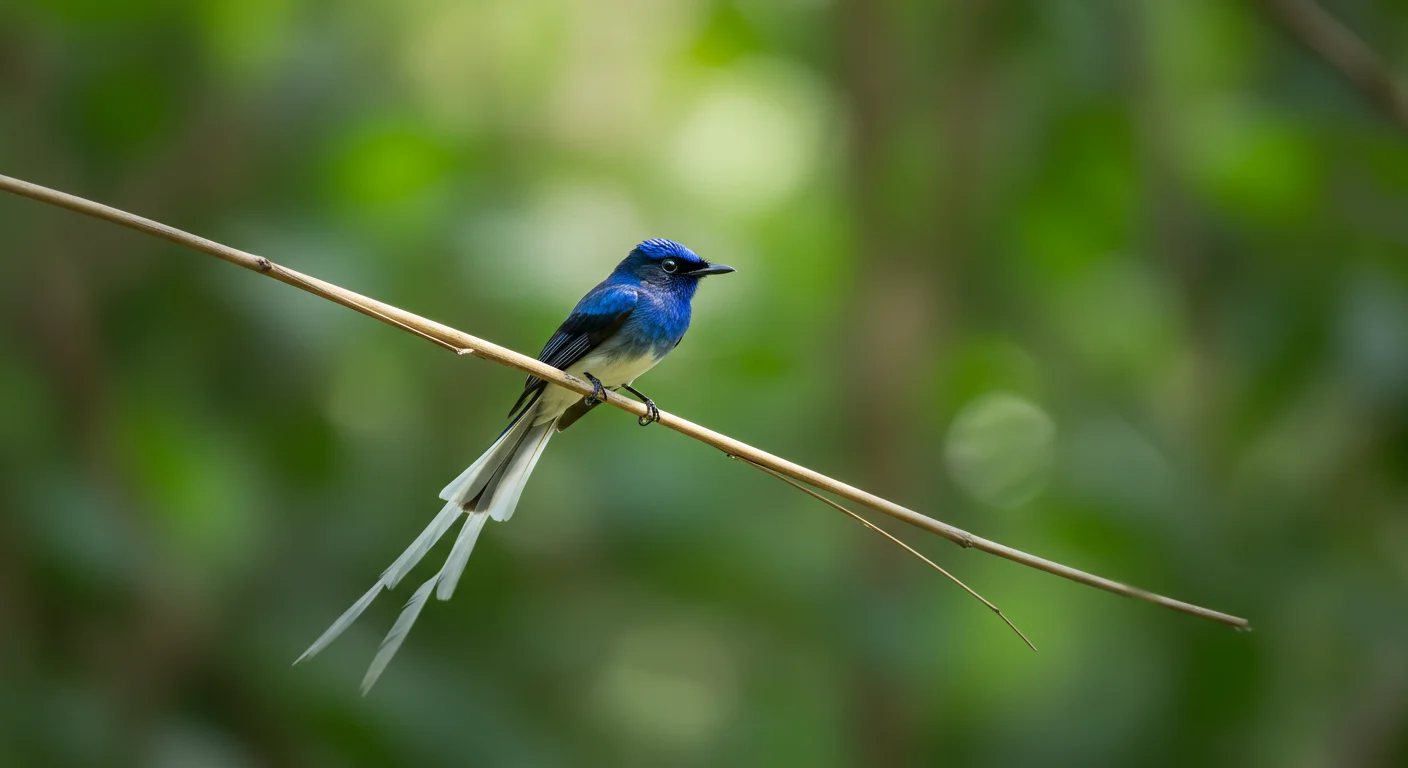 Indian Paradise Flycatcher Resting on Bamboo Twig in the Forest