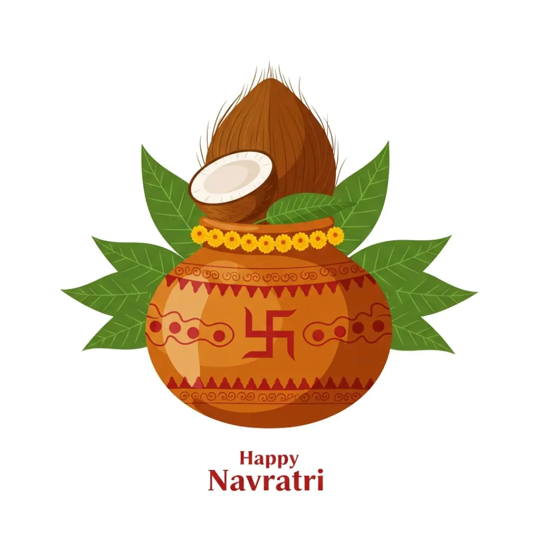 Festive Navratri Kalash with Coconut and Leaves PNG