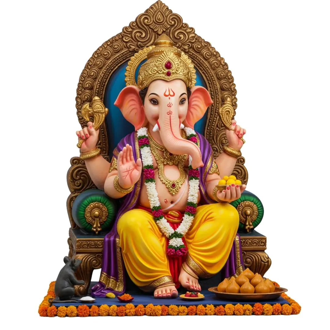 Ornate Lord Ganesha Idol on Decorated Throne PNG