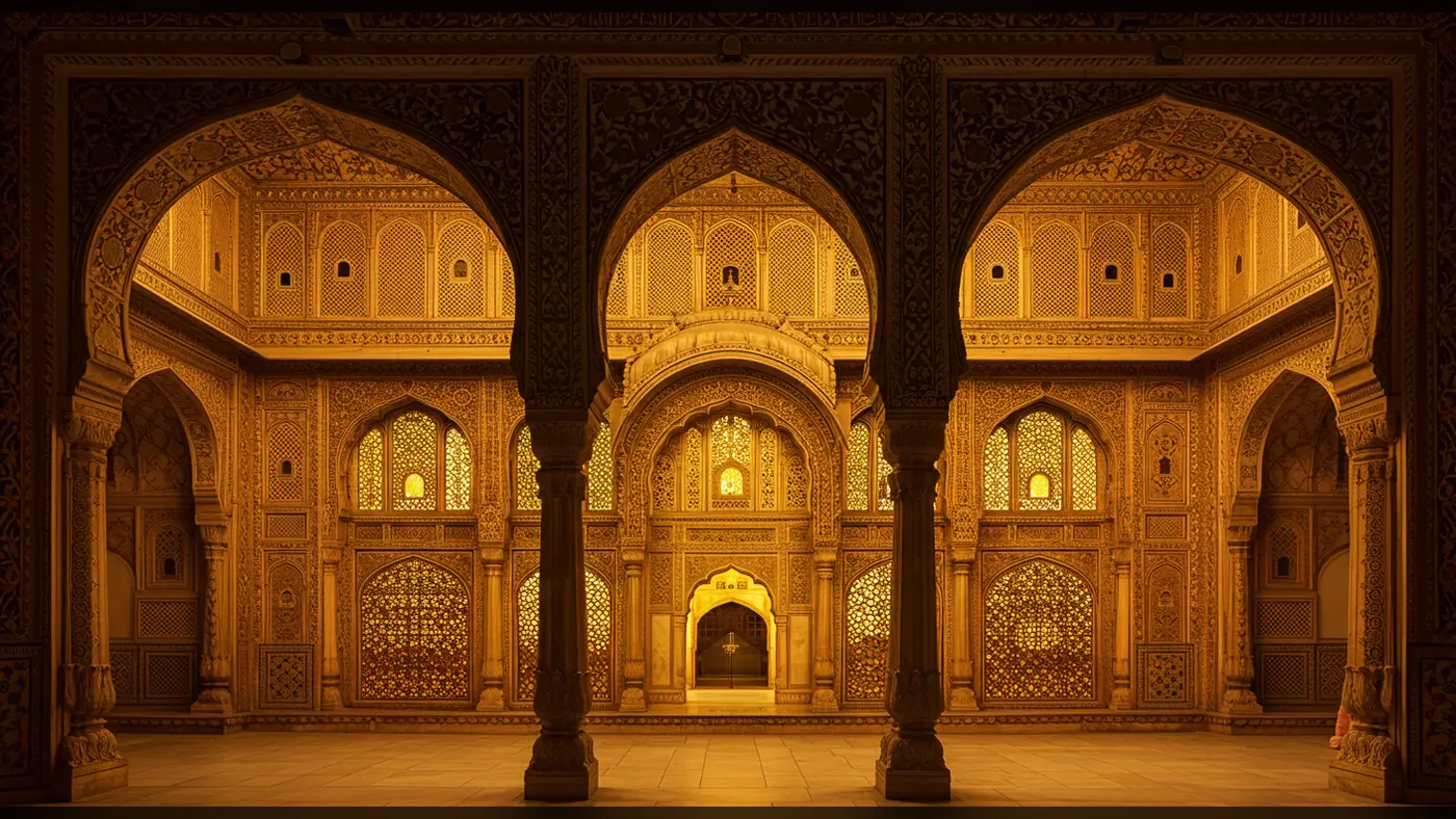Golden Rajasthani Archway with Ornate Jali Lightplay | Royal Interior Frame