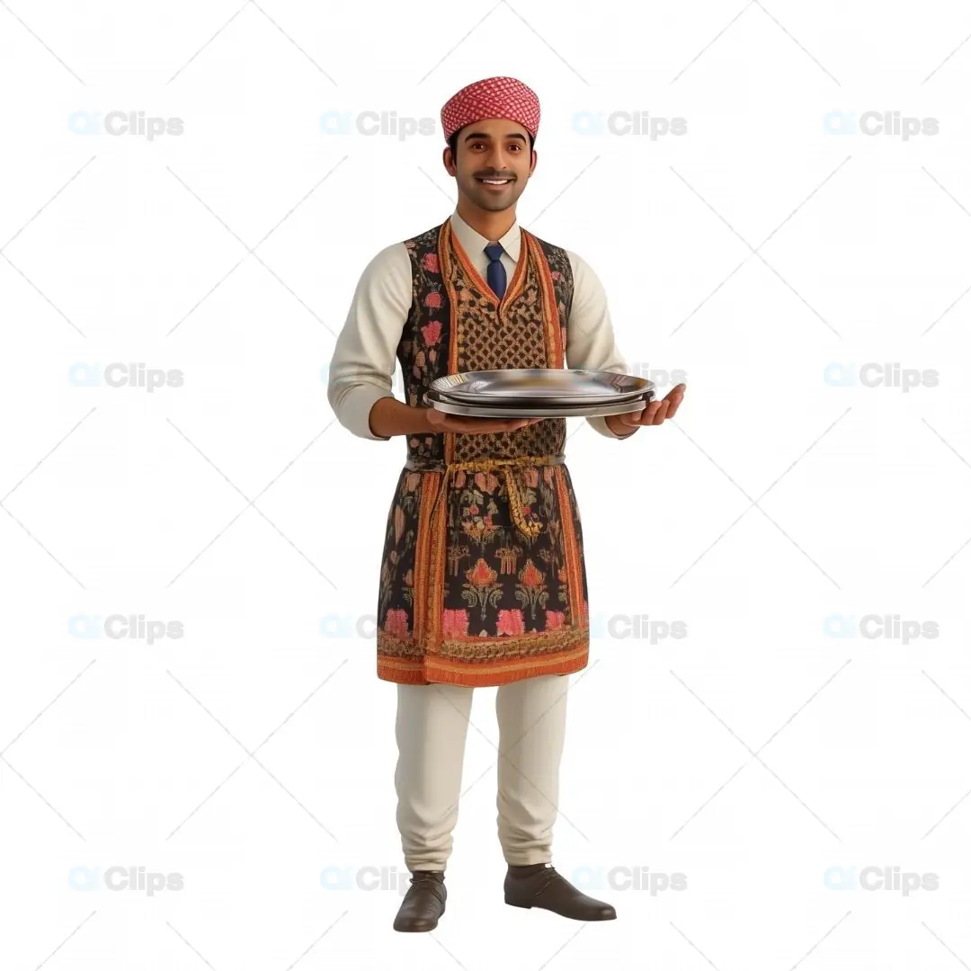 3D Traditional Waiter Character Serving Dish