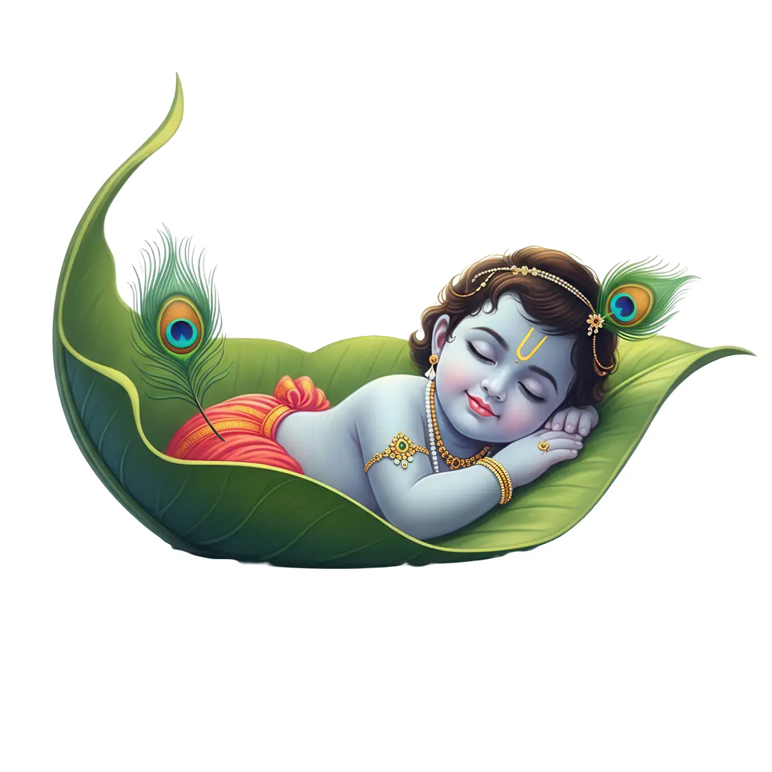 Sleeping baby Krishna on leaf cradle PNG