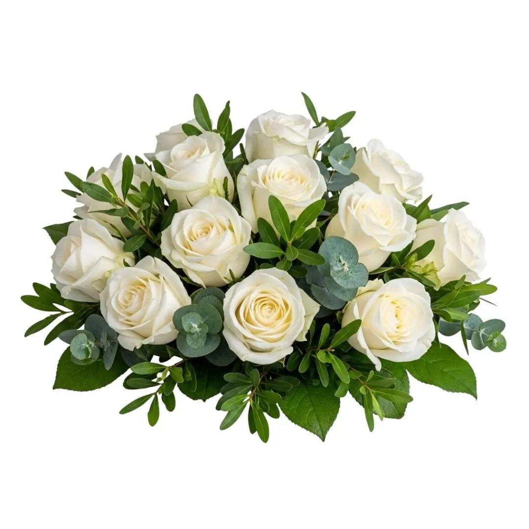 Elegant White Rose and Eucalyptus Floral Arrangement Clipart