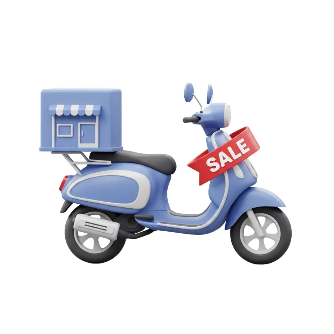 Blue scooter with miniature shop and sale sign