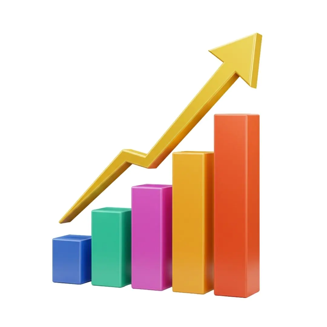 Colorful bar chart with upward trending arrow