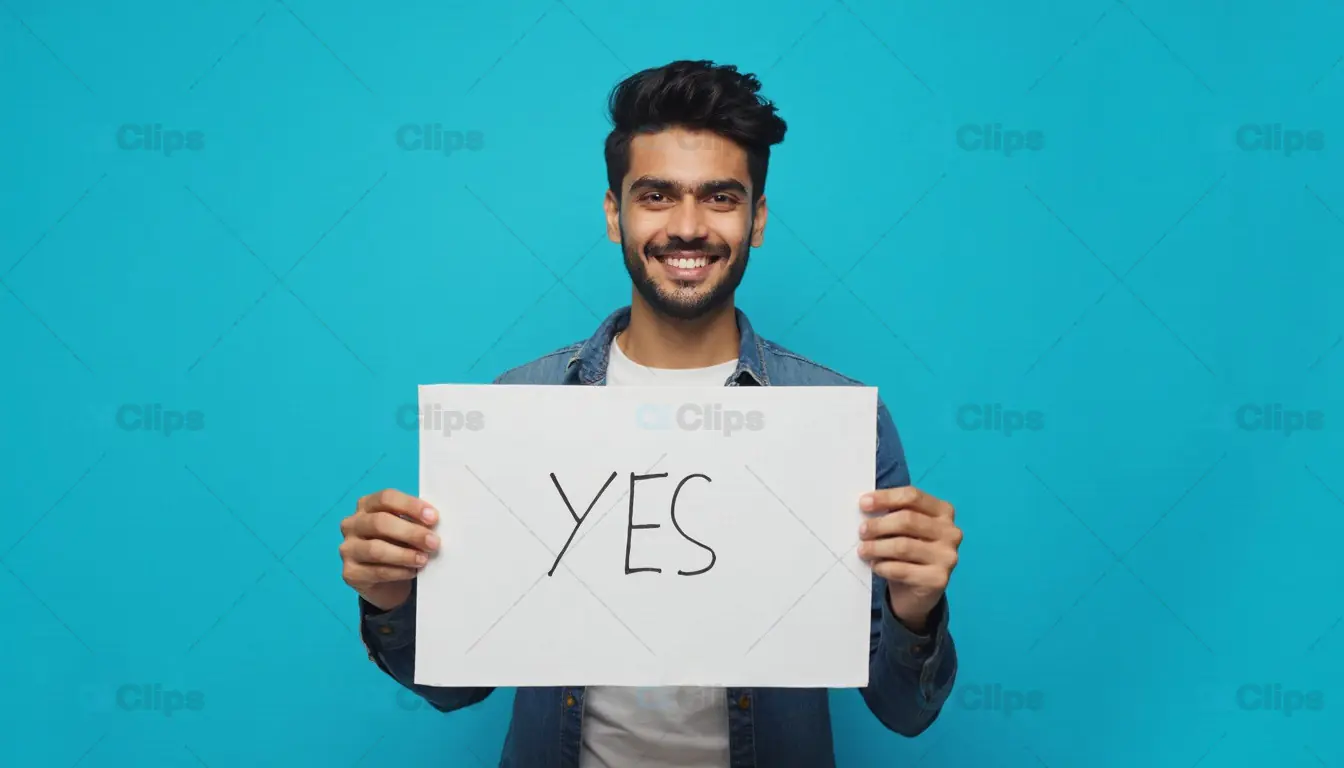 Man Holding "YES" Sign on Blue Background
